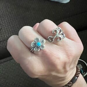 Turquoise and silver double ring. Inside to inside holes measure 3/4”
